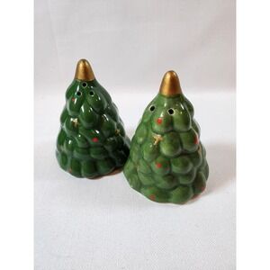 Vintage Green Christmas Tree Salt Pepper Shakers Ceramic Gold Star Holiday Decor